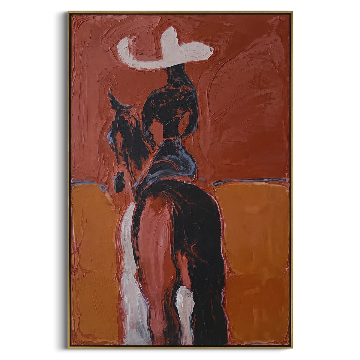 "Rust Horse Rider Back" - Modern Heavy Impasto Beach Figure Artwork | Orange & Black Palette Knife Painting | Luxury Vertical Wall Art #PT 2672
