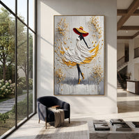 White Dress Golden Leaf Walk focuses on woman in raised white dress and yellow underskirt walking among golden branches on a grey ground. The composition is built from the exact pose, clothing shape, accessories, furniture, animal form, shoreline, palm shape, surfboard, or table arrangement visible in this artwork, so the image reads as a specific modern figurative painting rather than a generic decorative abstract. The white; yellow; grey palette gives the piece its main atmosphere, while