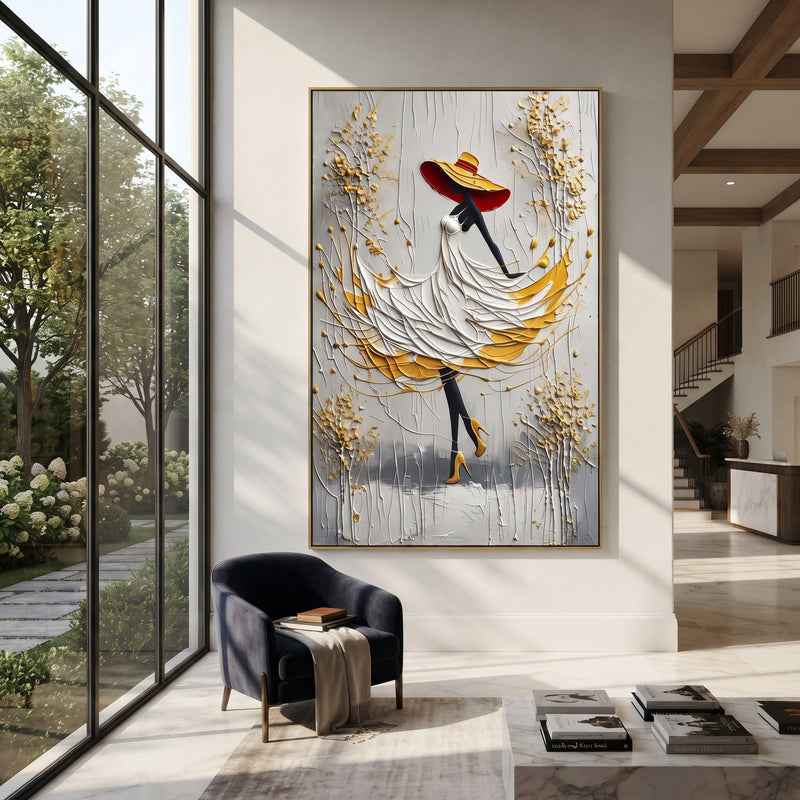 "White Dress Golden Leaf Walk" - Modern Heavy Impasto Beach Figure Artwork | White & Yellow Palette Knife Painting | Luxury Vertical Wall Art #PT 2673
