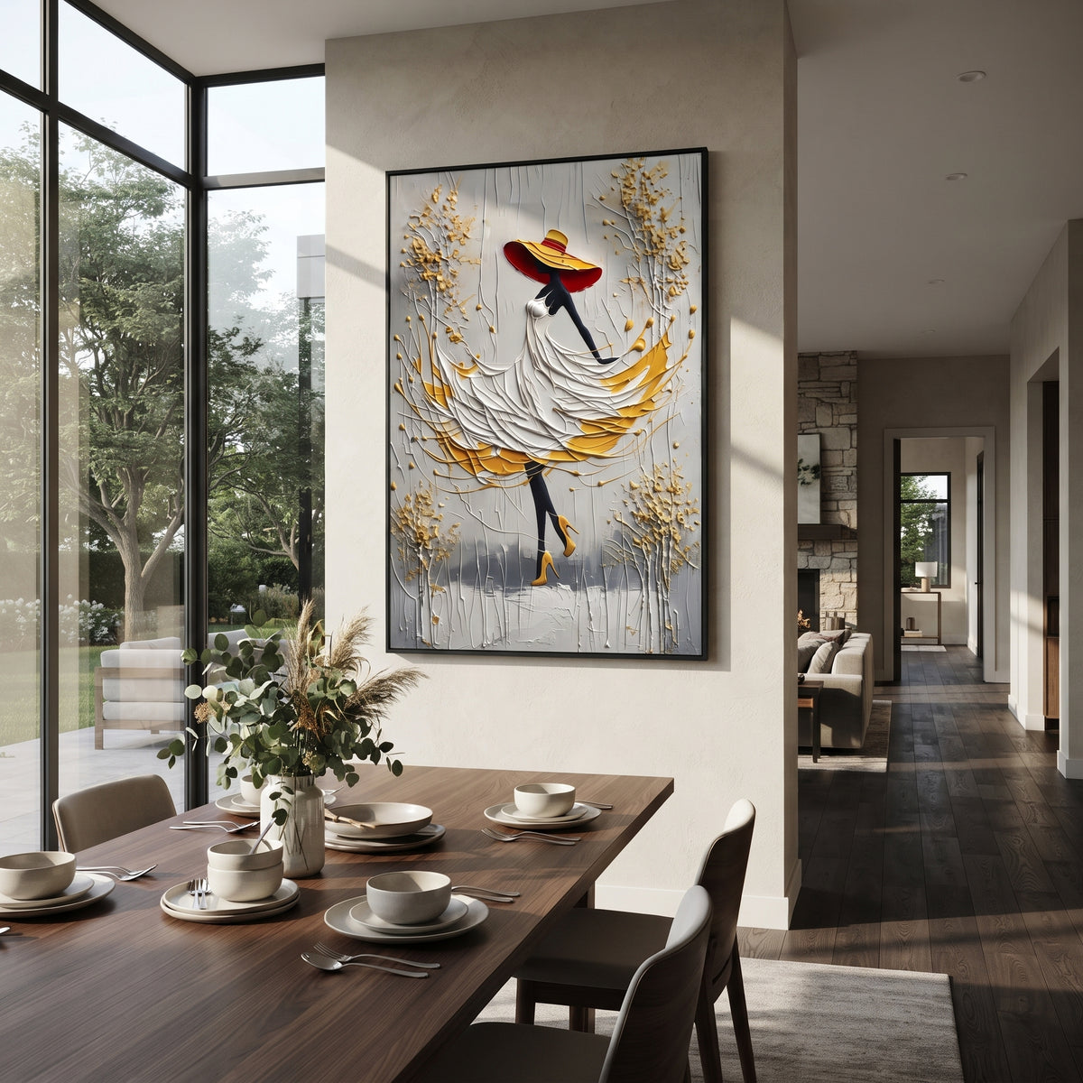 White Dress Golden Leaf Walk focuses on woman in raised white dress and yellow underskirt walking among golden branches on a grey ground. The composition is built from the exact pose, clothing shape, accessories, furniture, animal form, shoreline, palm shape, surfboard, or table arrangement visible in this artwork, so the image reads as a specific modern figurative painting rather than a generic decorative abstract. The white; yellow; grey palette gives the piece its main atmosphere, while
