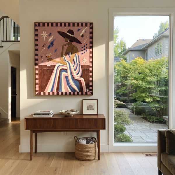 "Striped Gown Pink Salon Figure" - Modern Heavy Impasto Beach Figure Artwork | Pink & Blue Palette Knife Painting | Luxury Vertical Wall Art #PT 2674