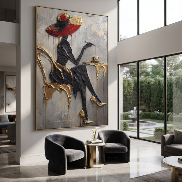 "Black Dress Gold Cafe Chair" - Modern Heavy Impasto Beach Figure Artwork | Black & Gold Palette Knife Painting | Luxury Vertical Wall Art #PT 2675