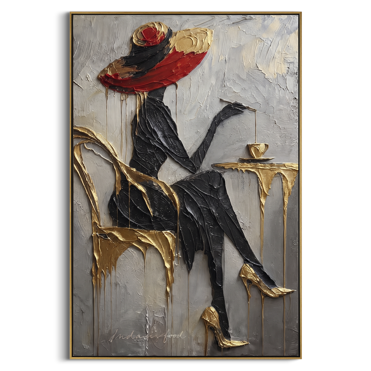 "Black Dress Gold Cafe Chair" - Modern Heavy Impasto Beach Figure Artwork | Black & Gold Palette Knife Painting | Luxury Vertical Wall Art #PT 2675