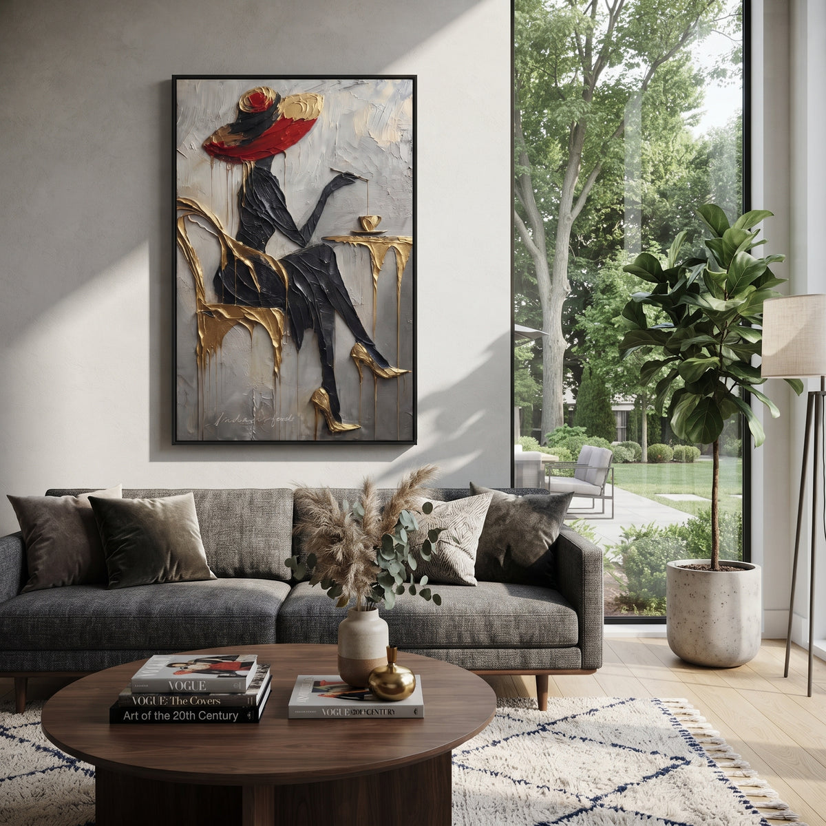 Black Dress Gold Cafe Chair focuses on seated black-dressed woman with red hat at gold cafe chair and small round table. The composition is built from the exact pose, clothing shape, accessories, furniture, animal form, shoreline, palm shape, surfboard, or table arrangement visible in this artwork, so the image reads as a specific modern figurative painting rather than a generic decorative abstract. The black; gold; grey palette gives the piece its main atmosphere, while smaller dark and light