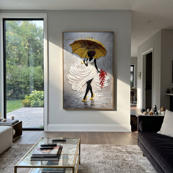 "Yellow Umbrella Rain Dress" - Modern Heavy Impasto Beach Figure Artwork | Yellow & White Palette Knife Painting | Luxury Vertical Wall Art #PT 2676