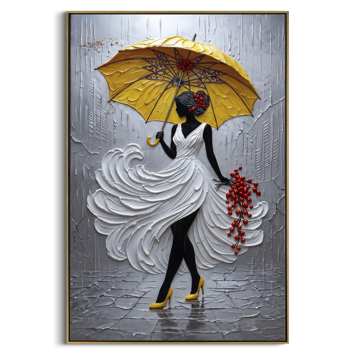 "Yellow Umbrella Rain Dress" - Modern Heavy Impasto Beach Figure Artwork | Yellow & White Palette Knife Painting | Luxury Vertical Wall Art #PT 2676