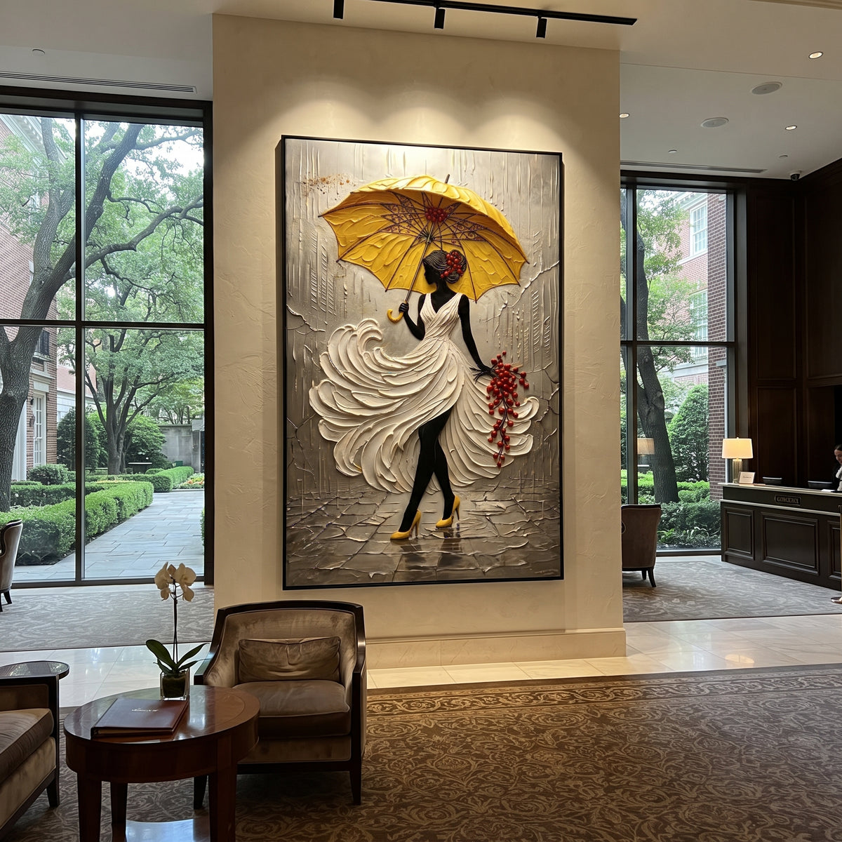 Yellow Umbrella Rain Dress focuses on woman in white sculpted dress under yellow umbrella with red berry accent on grey rain street. The composition is built from the exact pose, clothing shape, accessories, furniture, animal form, shoreline, palm shape, surfboard, or table arrangement visible in this artwork, so the image reads as a specific modern figurative painting rather than a generic decorative abstract. The yellow; white; grey palette gives the piece its main atmosphere, while smaller