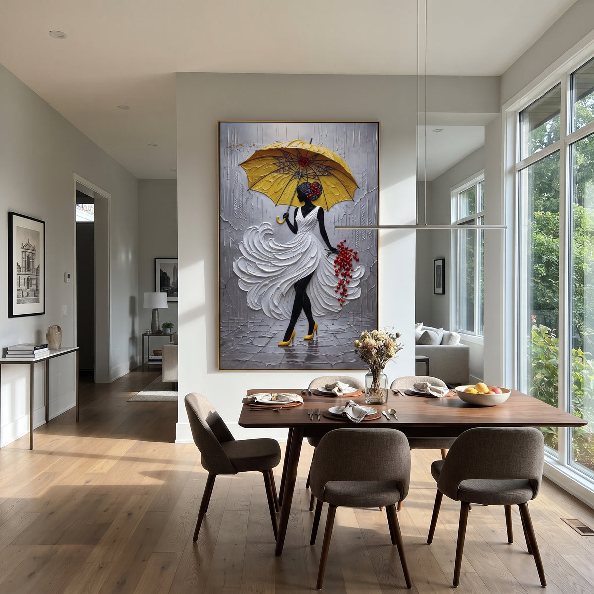 Yellow Umbrella Rain Dress focuses on woman in white sculpted dress under yellow umbrella with red berry accent on grey rain street. The composition is built from the exact pose, clothing shape, accessories, furniture, animal form, shoreline, palm shape, surfboard, or table arrangement visible in this artwork, so the image reads as a specific modern figurative painting rather than a generic decorative abstract. The yellow; white; grey palette gives the piece its main atmosphere, while smaller