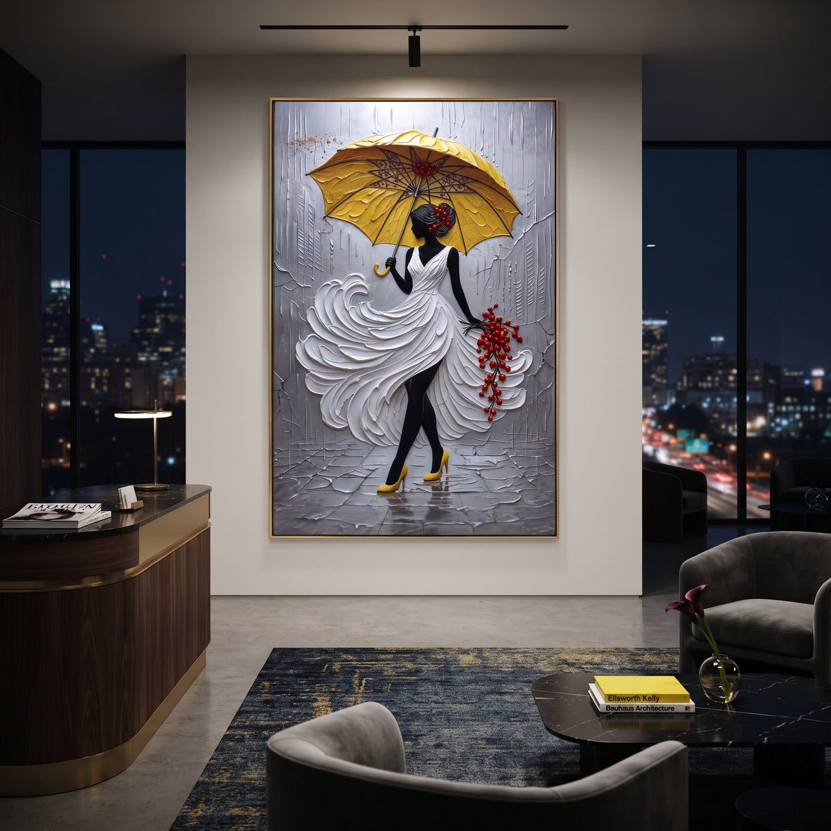 Yellow Umbrella Rain Dress focuses on woman in white sculpted dress under yellow umbrella with red berry accent on grey rain street. The composition is built from the exact pose, clothing shape, accessories, furniture, animal form, shoreline, palm shape, surfboard, or table arrangement visible in this artwork, so the image reads as a specific modern figurative painting rather than a generic decorative abstract. The yellow; white; grey palette gives the piece its main atmosphere, while smaller