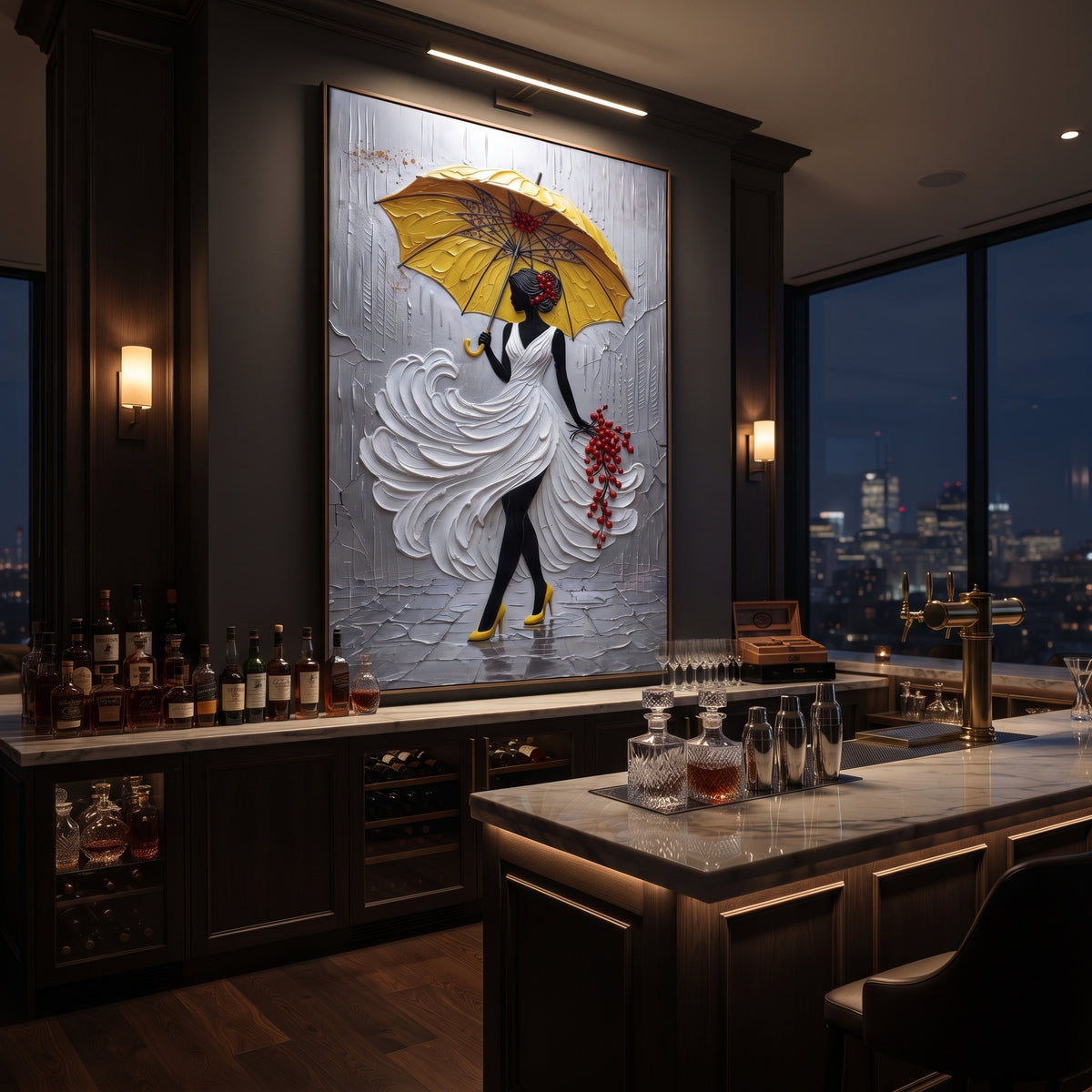 Yellow Umbrella Rain Dress focuses on woman in white sculpted dress under yellow umbrella with red berry accent on grey rain street. The composition is built from the exact pose, clothing shape, accessories, furniture, animal form, shoreline, palm shape, surfboard, or table arrangement visible in this artwork, so the image reads as a specific modern figurative painting rather than a generic decorative abstract. The yellow; white; grey palette gives the piece its main atmosphere, while smaller