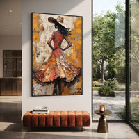 Orange Dress Wind Turn focuses on back view woman in textured orange dress and broad hat turning against yellow white plaster marks. The composition is built from the exact pose, clothing shape, accessories, furniture, animal form, shoreline, palm shape, surfboard, or table arrangement visible in this artwork, so the image reads as a specific modern figurative painting rather than a generic decorative abstract. The orange; yellow; black palette gives the piece its main atmosphere, while smaller