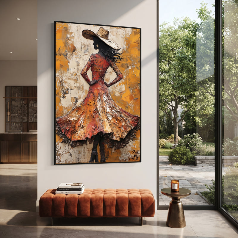 "Orange Dress Wind Turn" - Modern Heavy Impasto Beach Figure Artwork | Orange & Yellow Palette Knife Painting | Luxury Vertical Wall Art #PT 2677