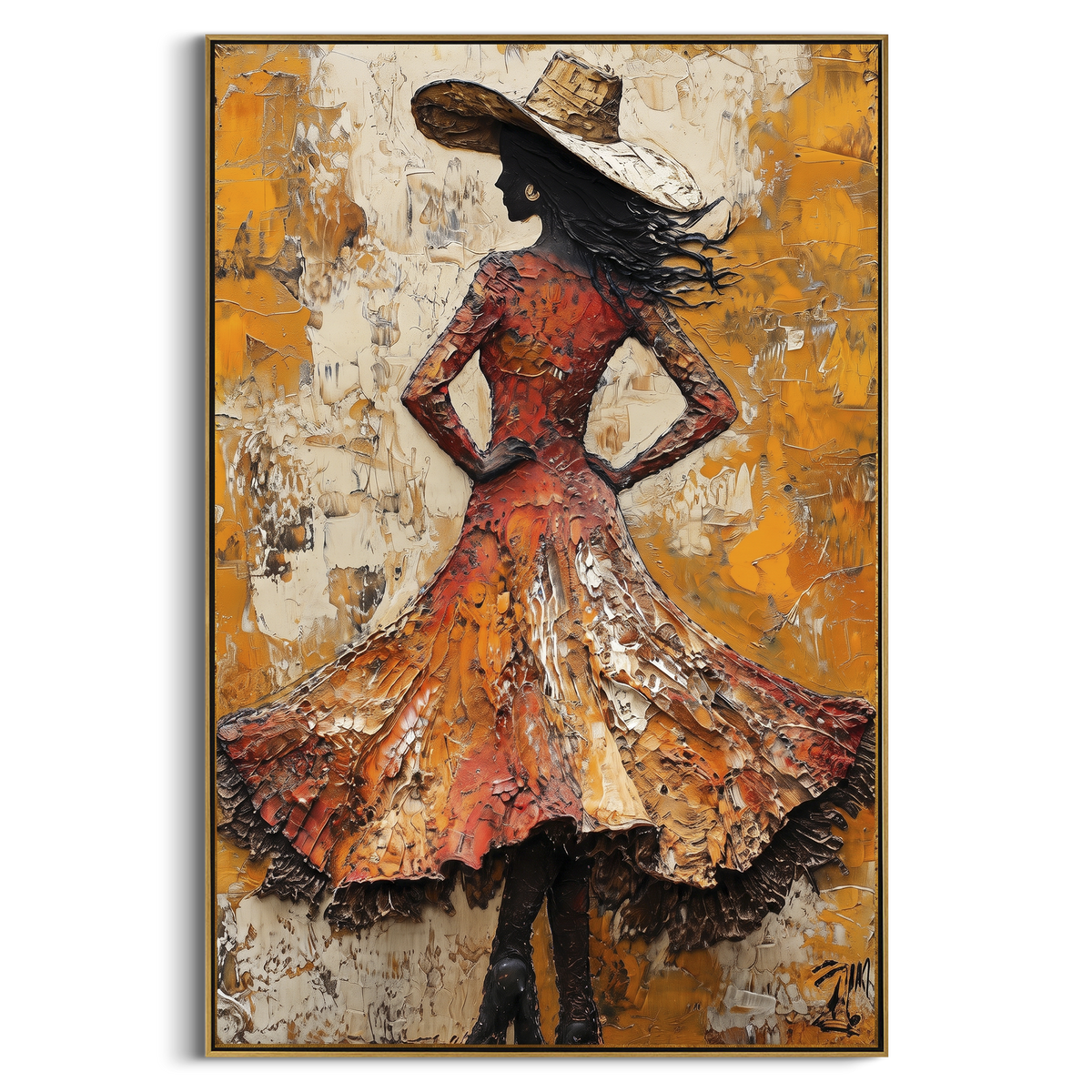 "Orange Dress Wind Turn" - Modern Heavy Impasto Beach Figure Artwork | Orange & Yellow Palette Knife Painting | Luxury Vertical Wall Art #PT 2677