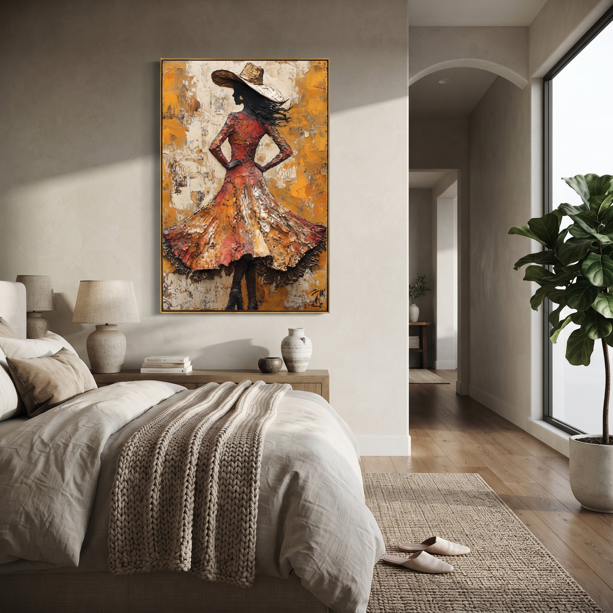 Orange Dress Wind Turn focuses on back view woman in textured orange dress and broad hat turning against yellow white plaster marks. The composition is built from the exact pose, clothing shape, accessories, furniture, animal form, shoreline, palm shape, surfboard, or table arrangement visible in this artwork, so the image reads as a specific modern figurative painting rather than a generic decorative abstract. The orange; yellow; black palette gives the piece its main atmosphere, while smaller