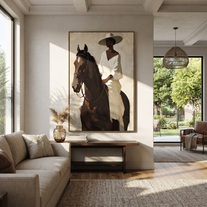"White Dress Horse Portrait" - Modern Heavy Impasto Beach Figure Artwork | White & Brown Palette Knife Painting | Luxury Vertical Wall Art #PT 2678