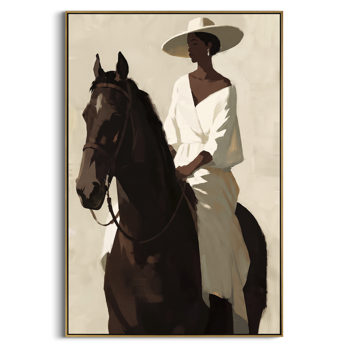 "White Dress Horse Portrait" - Modern Heavy Impasto Beach Figure Artwork | White & Brown Palette Knife Painting | Luxury Vertical Wall Art #PT 2678