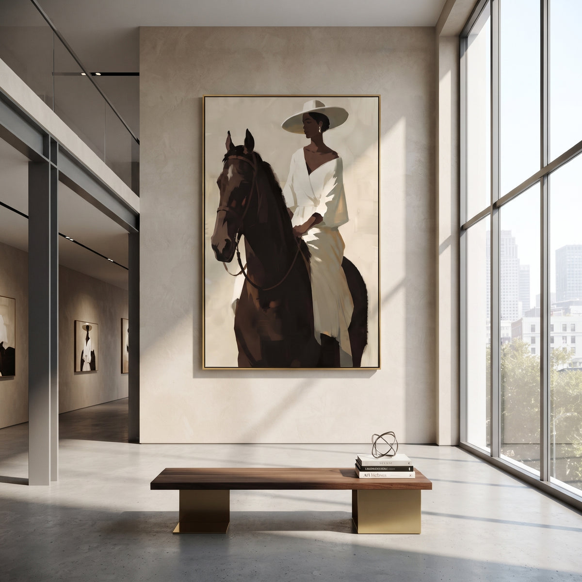 White Dress Horse Portrait focuses on woman in white dress and broad hat seated on dark horse in close vertical portrait. The composition is built from the exact pose, clothing shape, accessories, furniture, animal form, shoreline, palm shape, surfboard, or table arrangement visible in this artwork, so the image reads as a specific modern figurative painting rather than a generic decorative abstract. The white; brown; black palette gives the piece its main atmosphere, while smaller dark and