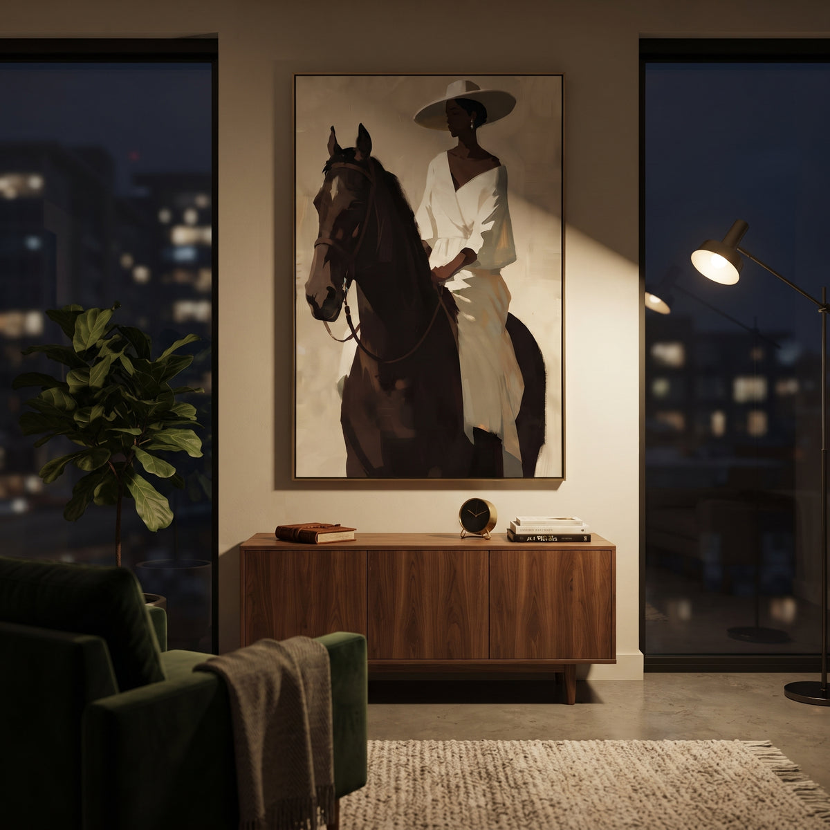 White Dress Horse Portrait focuses on woman in white dress and broad hat seated on dark horse in close vertical portrait. The composition is built from the exact pose, clothing shape, accessories, furniture, animal form, shoreline, palm shape, surfboard, or table arrangement visible in this artwork, so the image reads as a specific modern figurative painting rather than a generic decorative abstract. The white; brown; black palette gives the piece its main atmosphere, while smaller dark and