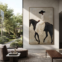 White Gown Black Horse Ride focuses on woman in flowing white gown riding black horse across pale grey ground. The composition is built from the exact pose, clothing shape, accessories, furniture, animal form, shoreline, palm shape, surfboard, or table arrangement visible in this artwork, so the image reads as a specific modern figurative painting rather than a generic decorative abstract. The white; black; grey palette gives the piece its main atmosphere, while smaller dark and light accents