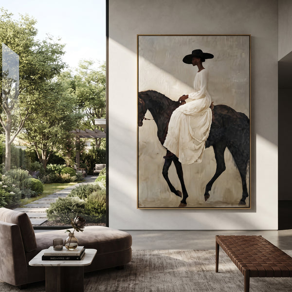 "White Gown Black Horse Ride" - Modern Heavy Impasto Beach Figure Artwork | White & Black Palette Knife Painting | Luxury Vertical Wall Art #PT 2679