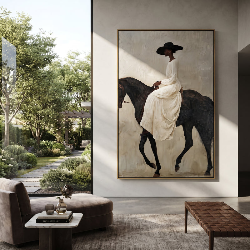 "White Gown Black Horse Ride" - Modern Heavy Impasto Beach Figure Artwork | White & Black Palette Knife Painting | Luxury Vertical Wall Art #PT 2679