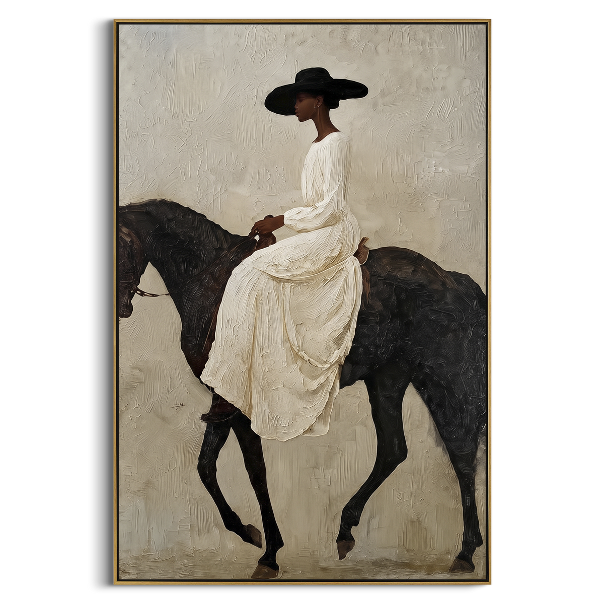 "White Gown Black Horse Ride" - Modern Heavy Impasto Beach Figure Artwork | White & Black Palette Knife Painting | Luxury Vertical Wall Art #PT 2679