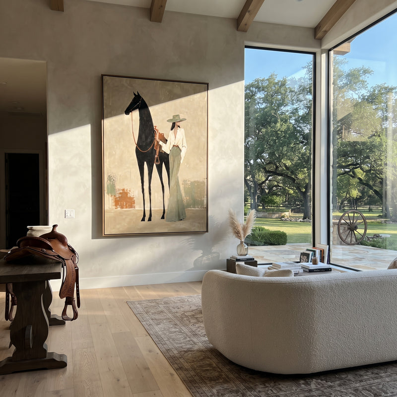"Standing Hat Woman With Horse" - Modern Heavy Impasto Beach Figure Artwork | Beige & Black Palette Knife Painting | Luxury Vertical Wall Art #PT 2680