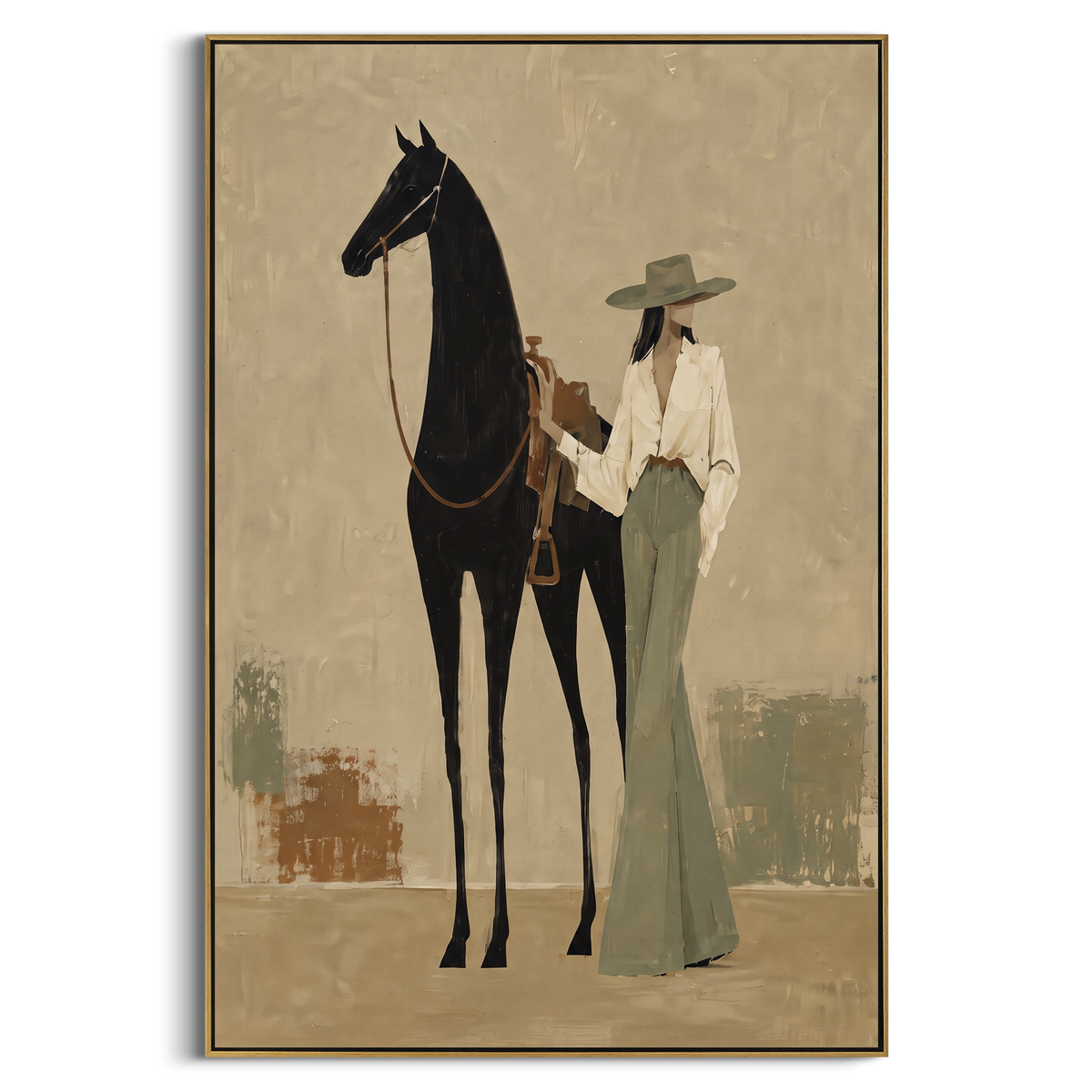 "Standing Hat Woman With Horse" - Modern Heavy Impasto Beach Figure Artwork | Beige & Black Palette Knife Painting | Luxury Vertical Wall Art #PT 2680