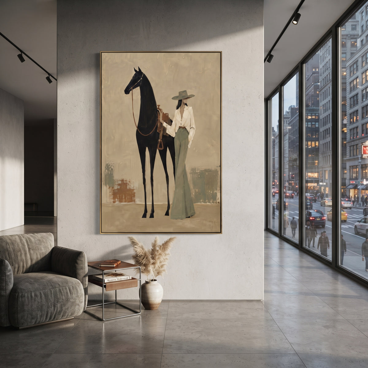 Standing Hat Woman With Horse focuses on standing woman in white jacket and green skirt beside tall black horse on beige ground. The composition is built from the exact pose, clothing shape, accessories, furniture, animal form, shoreline, palm shape, surfboard, or table arrangement visible in this artwork, so the image reads as a specific modern figurative painting rather than a generic decorative abstract. The beige; black; green palette gives the piece its main atmosphere, while smaller dark