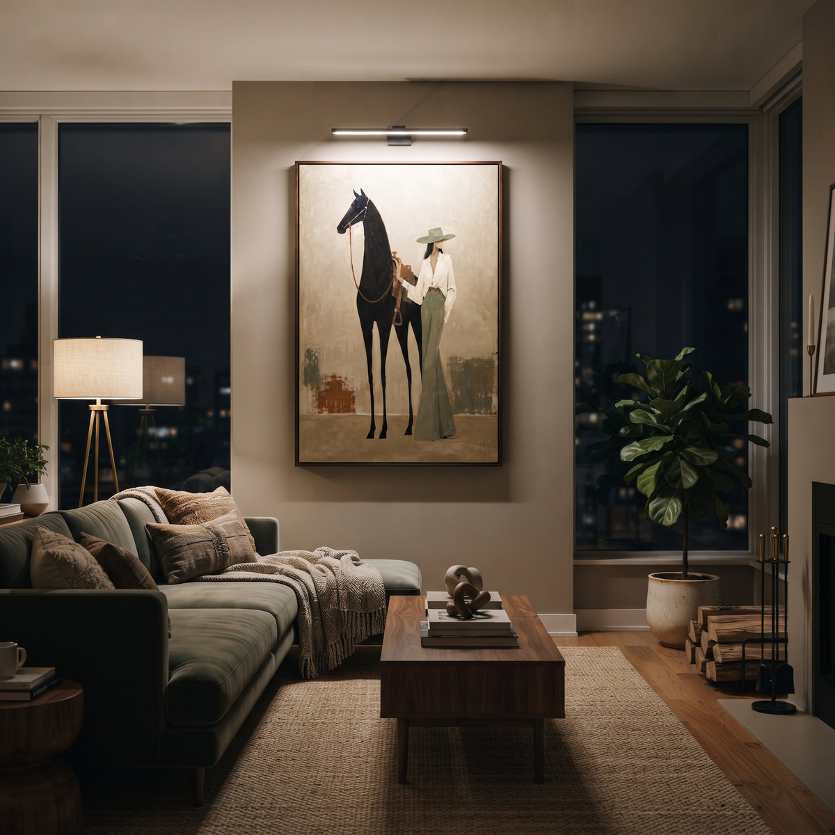 Standing Hat Woman With Horse focuses on standing woman in white jacket and green skirt beside tall black horse on beige ground. The composition is built from the exact pose, clothing shape, accessories, furniture, animal form, shoreline, palm shape, surfboard, or table arrangement visible in this artwork, so the image reads as a specific modern figurative painting rather than a generic decorative abstract. The beige; black; green palette gives the piece its main atmosphere, while smaller dark