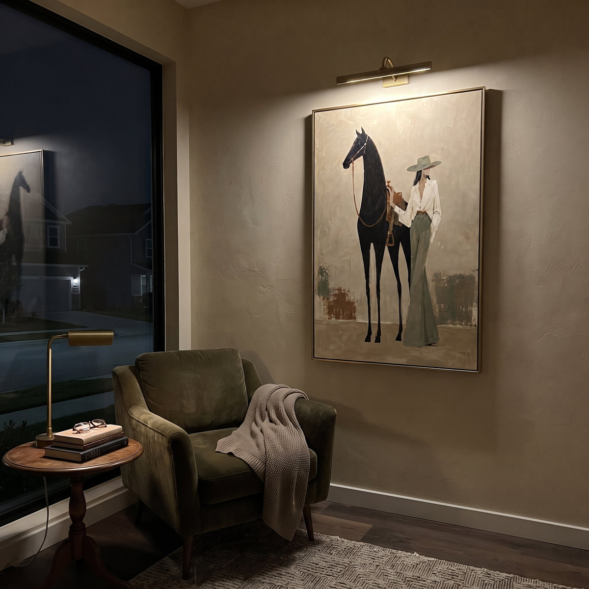 Standing Hat Woman With Horse focuses on standing woman in white jacket and green skirt beside tall black horse on beige ground. The composition is built from the exact pose, clothing shape, accessories, furniture, animal form, shoreline, palm shape, surfboard, or table arrangement visible in this artwork, so the image reads as a specific modern figurative painting rather than a generic decorative abstract. The beige; black; green palette gives the piece its main atmosphere, while smaller dark