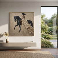 Flowing White Dress Horse focuses on woman in flowing white dress riding black horse across taupe square field. The composition is built from the exact pose, clothing shape, accessories, furniture, animal form, shoreline, palm shape, surfboard, or table arrangement visible in this artwork, so the image reads as a specific modern figurative painting rather than a generic decorative abstract. The white; black; taupe palette gives the piece its main atmosphere, while smaller dark and light accents