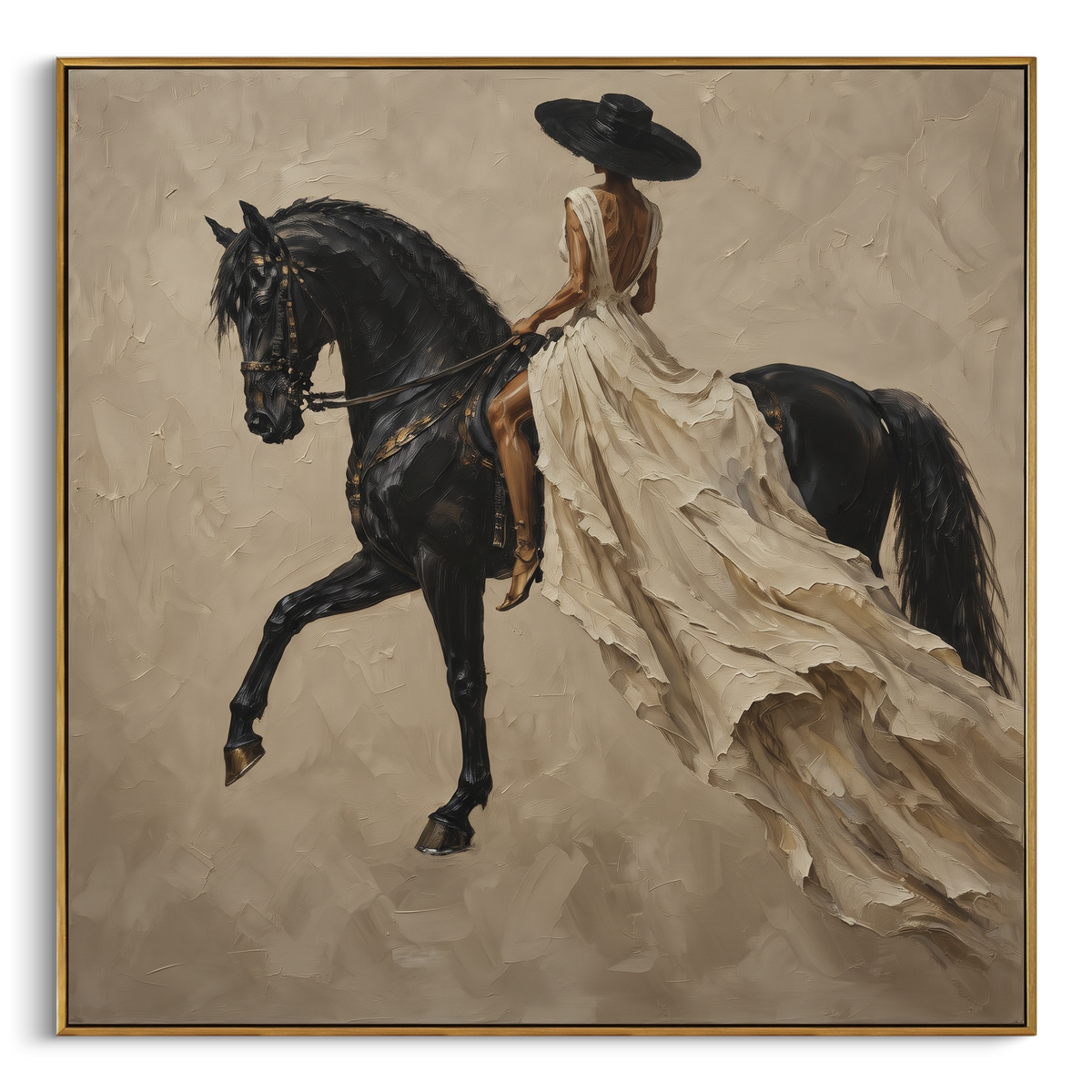 "Flowing White Dress Horse" - Modern Heavy Impasto Beach Figure Artwork | White & Black Palette Knife Painting | Luxury Square Wall Art #PT 2681