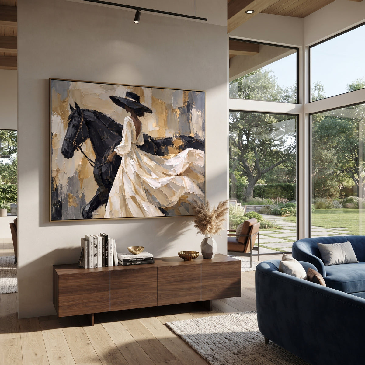 White Dress Horse Side Sweep focuses on horizontal horse and white dress rider with sweeping gown across beige abstract field. The composition is built from the exact pose, clothing shape, accessories, furniture, animal form, shoreline, palm shape, surfboard, or table arrangement visible in this artwork, so the image reads as a specific modern figurative painting rather than a generic decorative abstract. The white; black; beige palette gives the piece its main atmosphere, while smaller dark and
