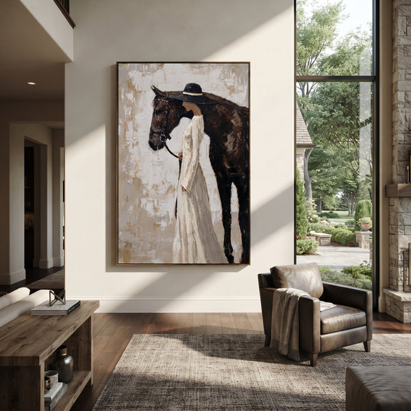 "Bride Hat Horse Companion" - Modern Heavy Impasto Beach Figure Artwork | White & Black Palette Knife Painting | Luxury Vertical Wall Art #PT 2683