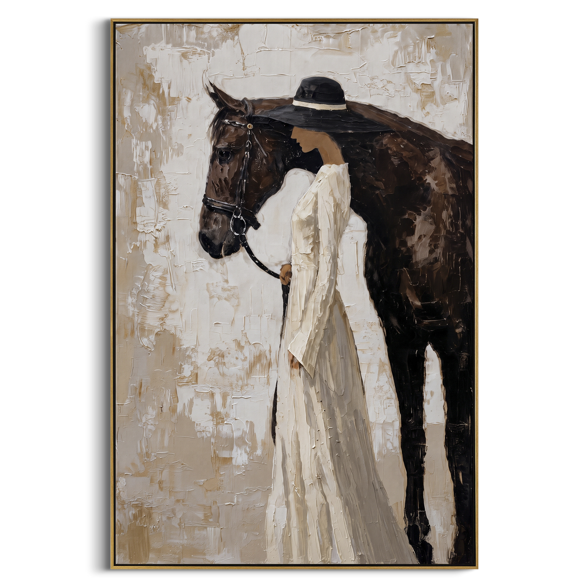 "Bride Hat Horse Companion" - Modern Heavy Impasto Beach Figure Artwork | White & Black Palette Knife Painting | Luxury Vertical Wall Art #PT 2683