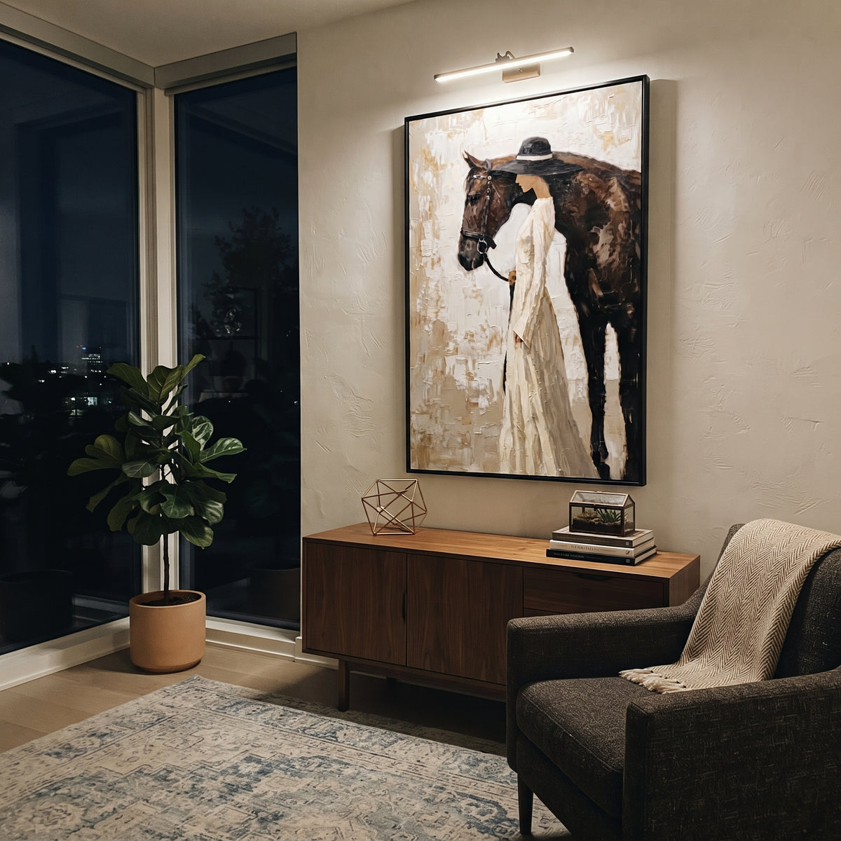 Bride Hat Horse Companion focuses on white-gowned woman standing beside black horse on grey beige textured wall. The composition is built from the exact pose, clothing shape, accessories, furniture, animal form, shoreline, palm shape, surfboard, or table arrangement visible in this artwork, so the image reads as a specific modern figurative painting rather than a generic decorative abstract. The white; black; grey palette gives the piece its main atmosphere, while smaller dark and light accents