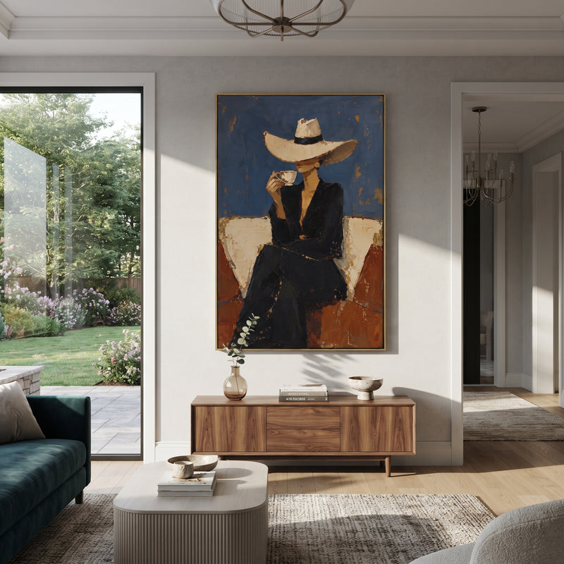 "Blue Wall Hat Cocktail Figure" - Modern Heavy Impasto Beach Figure Artwork | Blue & Black Palette Knife Painting | Luxury Vertical Wall Art #PT 2684