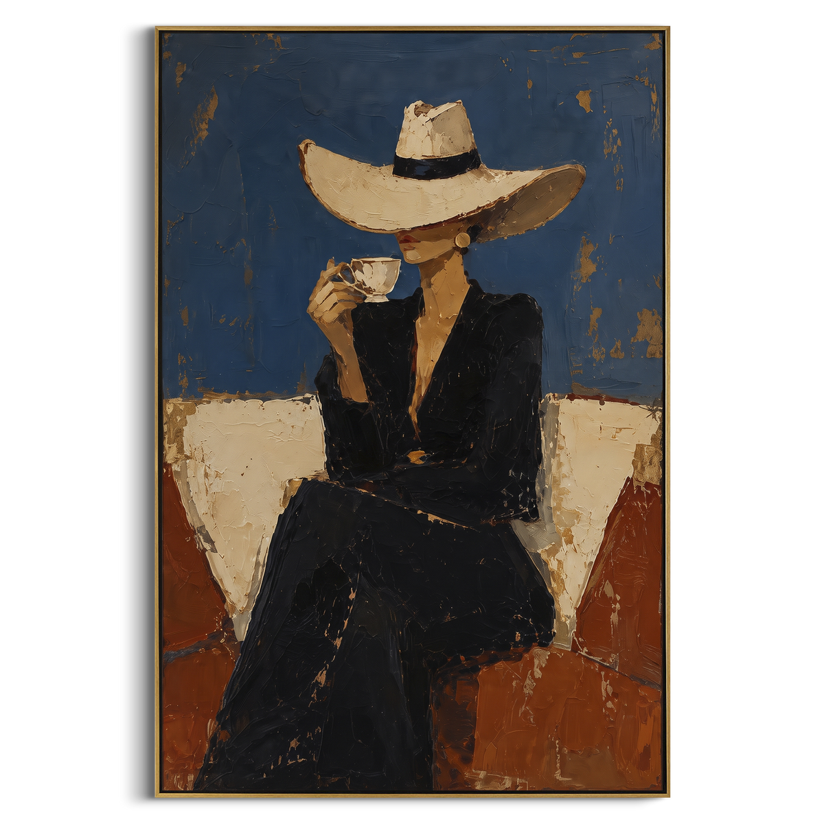 Blue Wall Hat Cocktail Figure focuses on seated black-suited figure in cream hat holding cocktail before blue and rust blocks. The composition is built from the exact pose, clothing shape, accessories, furniture, animal form, shoreline, palm shape, surfboard, or table arrangement visible in this artwork, so the image reads as a specific modern figurative painting rather than a generic decorative abstract. The blue; black; rust palette gives the piece its main atmosphere, while smaller dark and