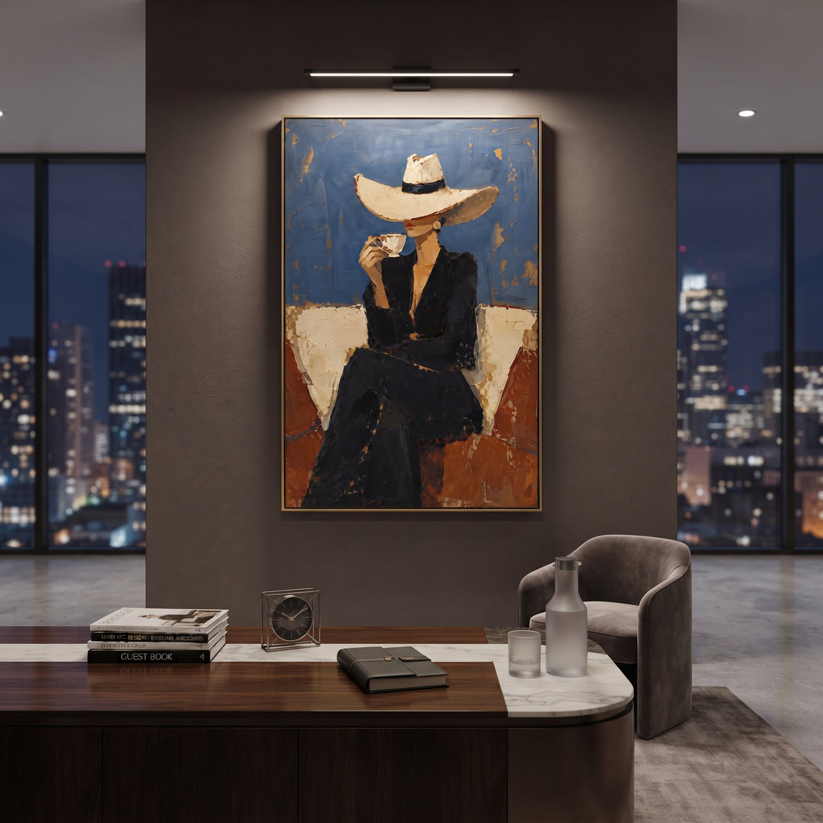 Blue Wall Hat Cocktail Figure focuses on seated black-suited figure in cream hat holding cocktail before blue and rust blocks. The composition is built from the exact pose, clothing shape, accessories, furniture, animal form, shoreline, palm shape, surfboard, or table arrangement visible in this artwork, so the image reads as a specific modern figurative painting rather than a generic decorative abstract. The blue; black; rust palette gives the piece its main atmosphere, while smaller dark and