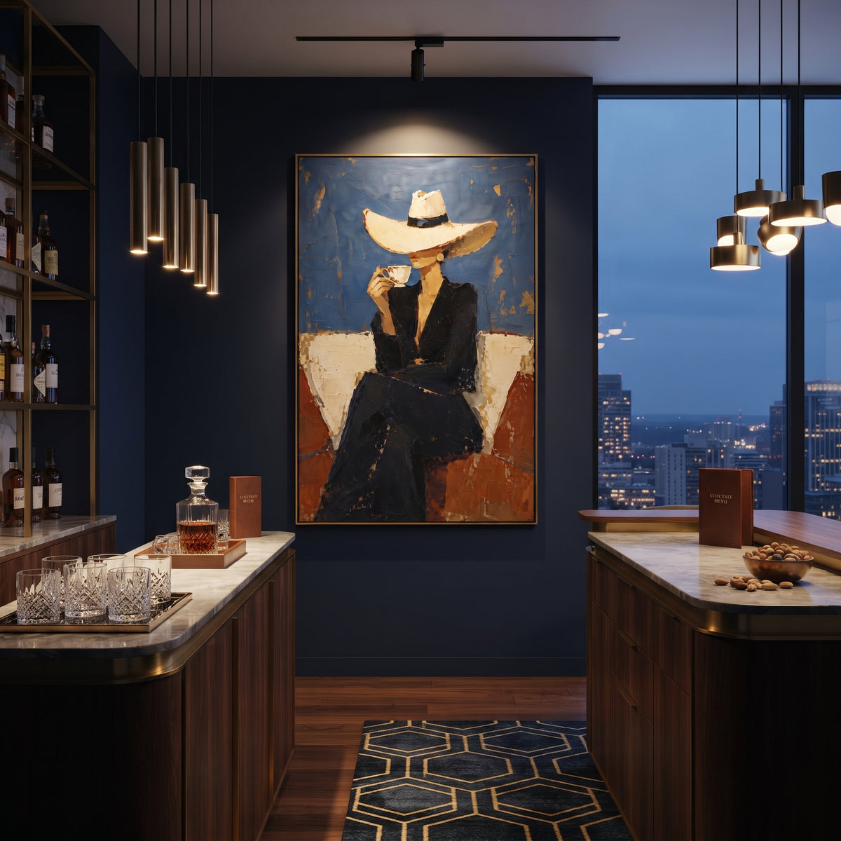 Blue Wall Hat Cocktail Figure focuses on seated black-suited figure in cream hat holding cocktail before blue and rust blocks. The composition is built from the exact pose, clothing shape, accessories, furniture, animal form, shoreline, palm shape, surfboard, or table arrangement visible in this artwork, so the image reads as a specific modern figurative painting rather than a generic decorative abstract. The blue; black; rust palette gives the piece its main atmosphere, while smaller dark and