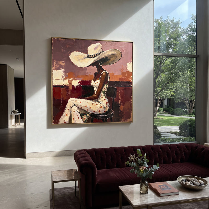 "Floral Dress Bar Stool" - Modern Heavy Impasto Beach Figure Artwork | Beige & Red Palette Knife Painting | Luxury Square Wall Art #PT 2685