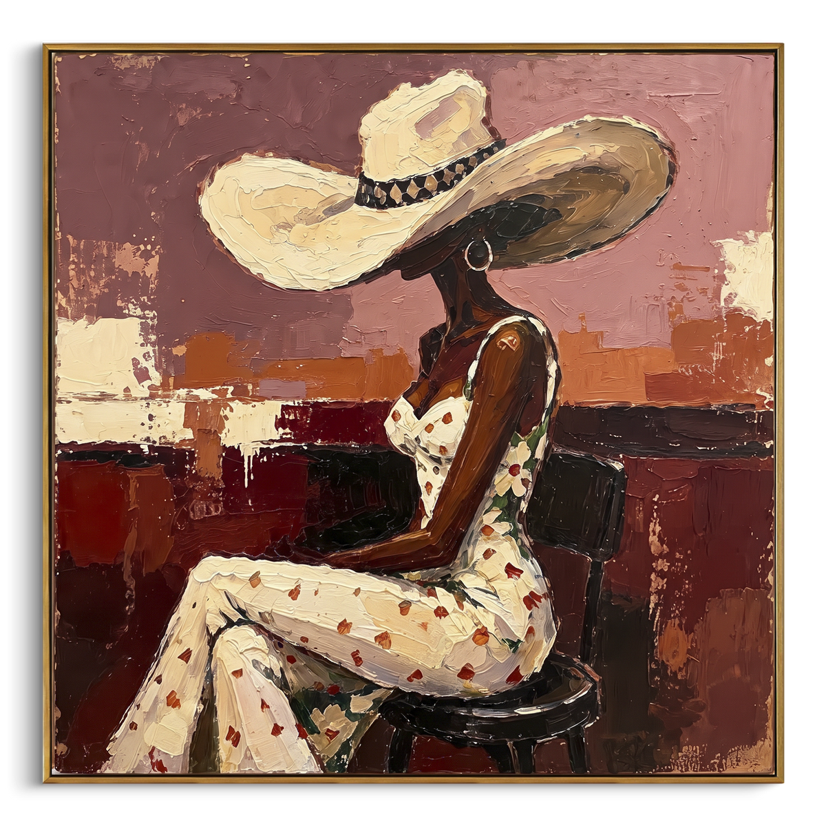 "Floral Dress Bar Stool" - Modern Heavy Impasto Beach Figure Artwork | Beige & Red Palette Knife Painting | Luxury Square Wall Art #PT 2685