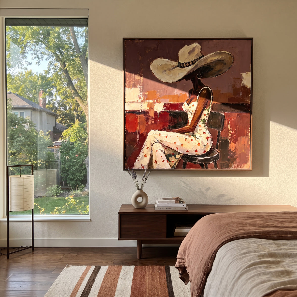 Floral Dress Bar Stool focuses on side view woman in floral white dress and wide hat seated on stool against red burgundy room. The composition is built from the exact pose, clothing shape, accessories, furniture, animal form, shoreline, palm shape, surfboard, or table arrangement visible in this artwork, so the image reads as a specific modern figurative painting rather than a generic decorative abstract. The cream; red; burgundy palette gives the piece its main atmosphere, while smaller dark