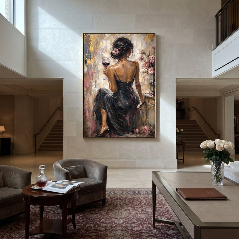 "Back Lace Black Dress Vanity" - Modern Heavy Impasto Beach Figure Artwork | Black & Pink Palette Knife Painting | Luxury Vertical Wall Art #PT 2686
