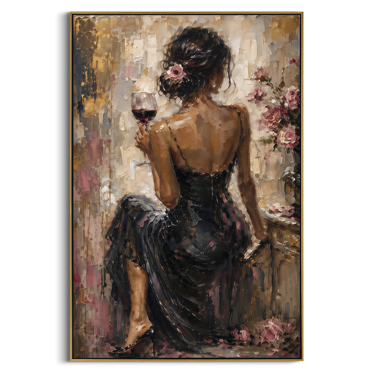 "Back Lace Black Dress Vanity" - Modern Heavy Impasto Beach Figure Artwork | Black & Pink Palette Knife Painting | Luxury Vertical Wall Art #PT 2686
