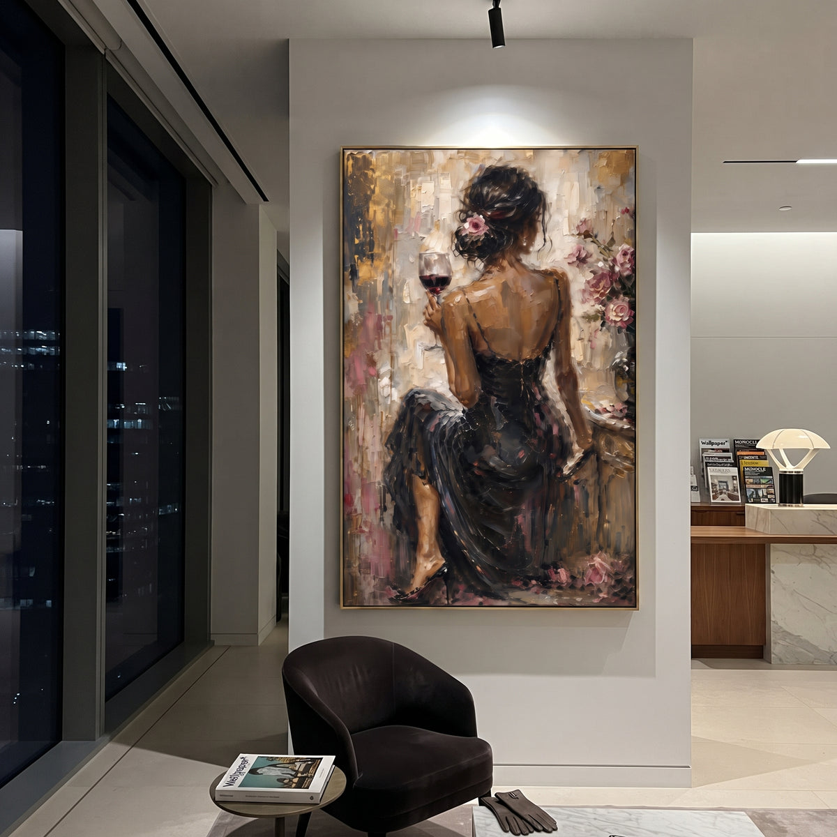 Back Lace Black Dress Vanity focuses on back view woman in black lace dress holding wine beside roses and dressing table. The composition is built from the exact pose, clothing shape, accessories, furniture, animal form, shoreline, palm shape, surfboard, or table arrangement visible in this artwork, so the image reads as a specific modern figurative painting rather than a generic decorative abstract. The black; pink; beige palette gives the piece its main atmosphere, while smaller dark and light