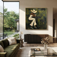 Olive Cafe White Suit Figure focuses on woman in white suit and wide hat seated at black round cafe table on olive wall. The composition is built from the exact pose, clothing shape, accessories, furniture, animal form, shoreline, palm shape, surfboard, or table arrangement visible in this artwork, so the image reads as a specific modern figurative painting rather than a generic decorative abstract. The olive; cream; black palette gives the piece its main atmosphere, while smaller dark and light