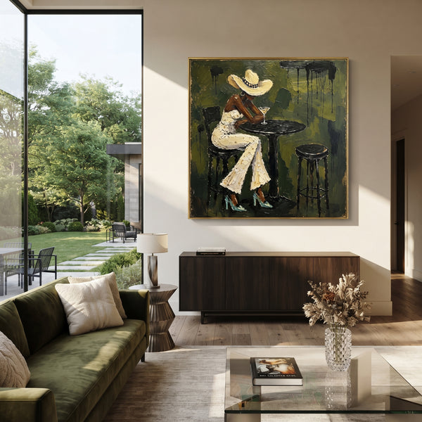 "Olive Cafe White Suit Figure" - Modern Heavy Impasto Beach Figure Artwork | Green & Beige Palette Knife Painting | Luxury Square Wall Art #PT 2687