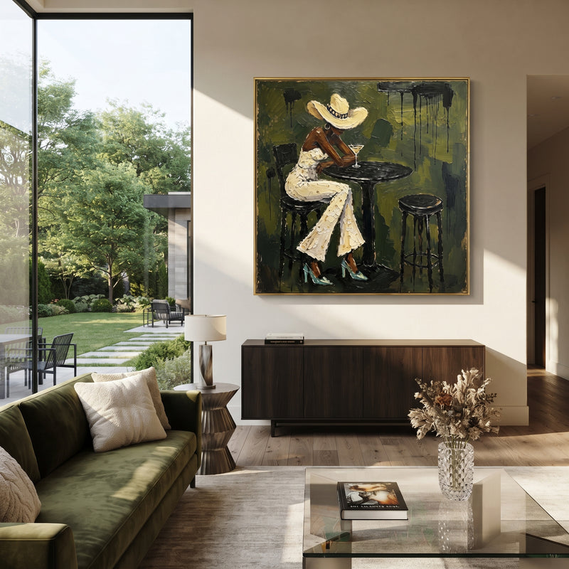 "Olive Cafe White Suit Figure" - Modern Heavy Impasto Beach Figure Artwork | Green & Beige Palette Knife Painting | Luxury Square Wall Art #PT 2687